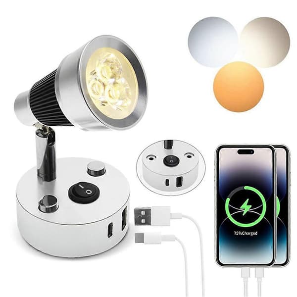 12V LED Wall Lamp for Versatile Indoor Lighting in Black and Silver with USB-A and USB-C Switch 3000-3500K