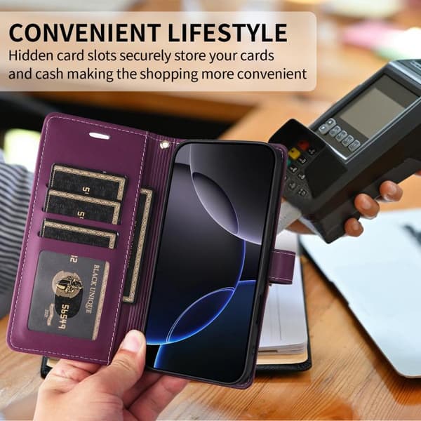 iPhone 17 Pro Max Leather Case with Six Card Slots and Strap Purpur