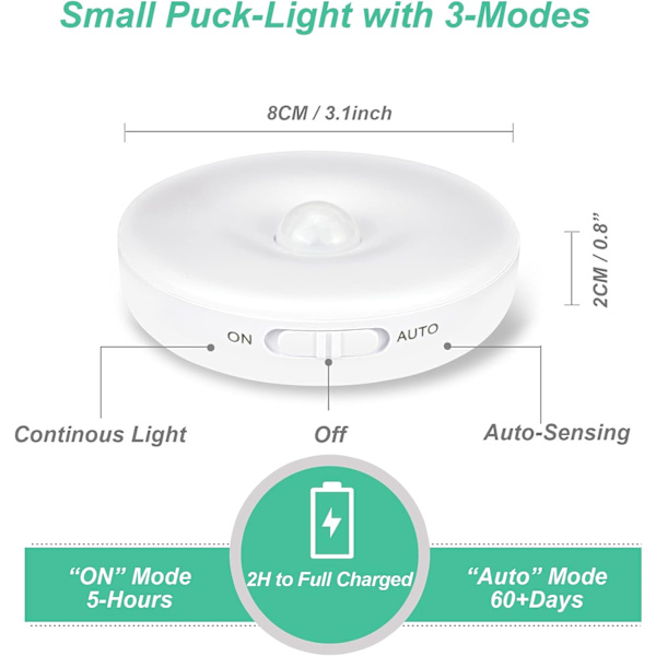 Automatic LED Night Light [3-Pack], 3 Modes (Auto/On/Off), Self-Adhesive USB Rechargeable Battery Lamp, Wireless LED (White)-FS-
