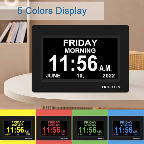 Digital klokke med dato og uke, kalender med ukedagsvisning (7 tommer) Black