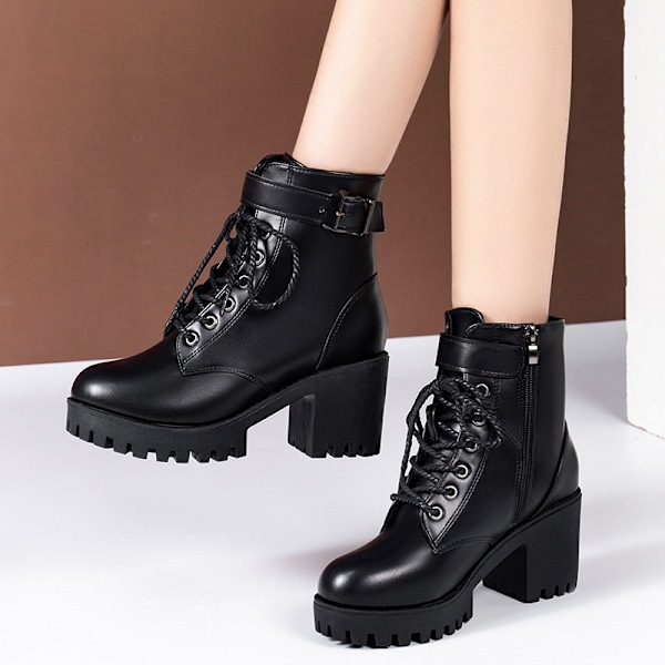 Damskor Högklackat Vinter Ljusbrun Chunky Platform Sock Boots Skor Kvinnor Mellanhöga Tjock Klack Stövletter Storlek-FS1- 35