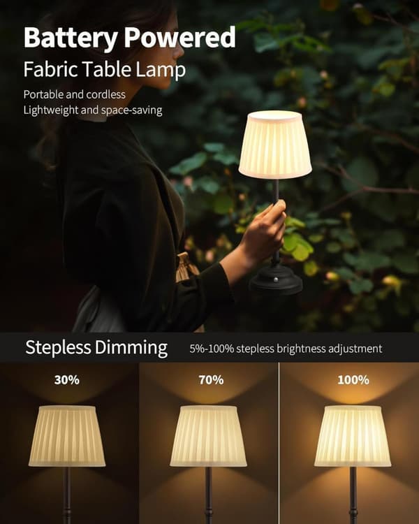 Wireless Lamp with Fabric Table Shade - Rechargeable 2000 mAh, Dimmable with 3 Light Modes, for Dining Room, Bedside Table, Bar, Night Light, Camping Guld
