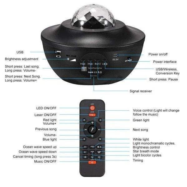 Stjerneprosjektor Galaxy LED-lampe med innebygd høyttaler Flerfarget Black-FS1- Black Svart