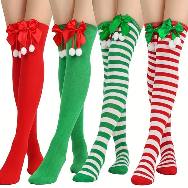 Naisten jouluiset polvisukat, raidalliset pitkät neulesukat juhlakauteen 4Pairs Assorted