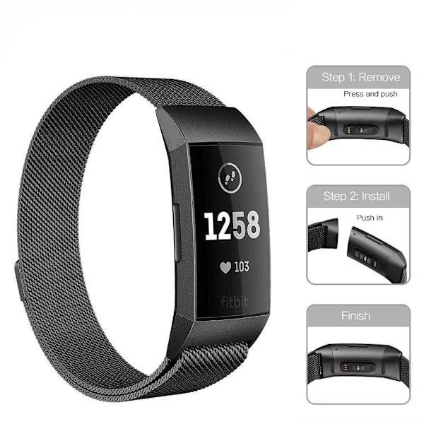 SKALO Milanese Loop rem til Fitbit Charge 3/4 - Flere farver Black Svart