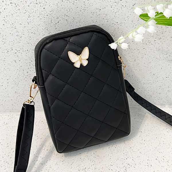 PU Läder Axelväska Broderade Mobiltelefonväskor-FS1- Black