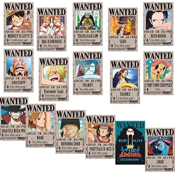 One Piece Wanted-plakater 28,5 cm × 19,5 cm, ny utgave, Luffy 1,5 milliarder, sett med 16 stk