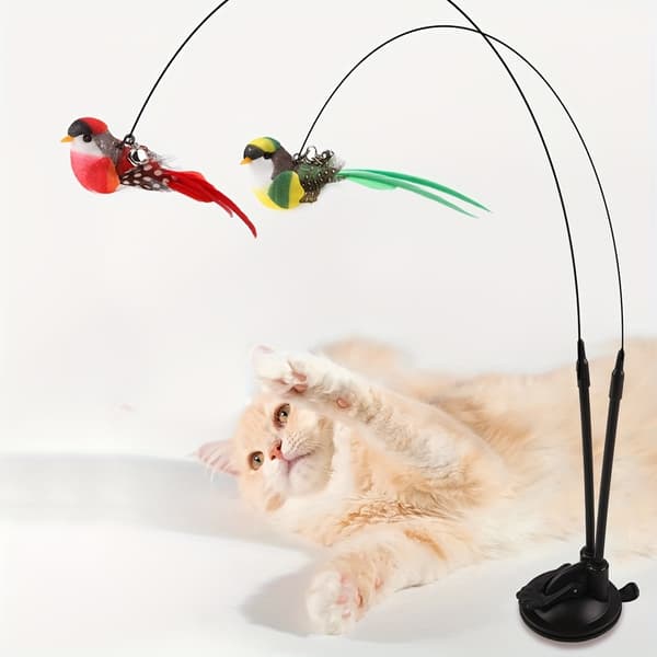 Interactive Cat Wand Toy with Long Double Rod & Powerful Suction Cup - Hands-Free Cat Toy with Artificial Feather Attachment (Red/Green (BR)
