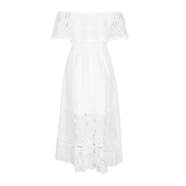 Boheemi pitsinen maksimekko naisille, valkoinen rantamekko, lyhythihainen off-shoulder mekko-yu-FS4- S