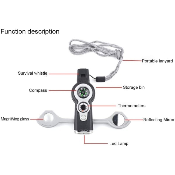 Multifunktionell 7-i-1 visselpipa för utomhusbruk med LED-lampa och termometer