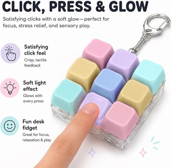LED Keyboard Fidget Keychain 9 Buttons Anti-Stress Toy Sensory Click Keychain for Study Office and Relaxation