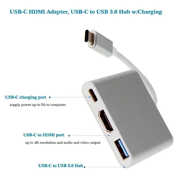 INF USB-C moniporttisovitin USB:lle, USB-C:lle (USB PD), 4K HDMI yhteensopiva Hopea