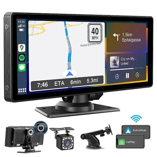Bærbar Trådløs Carplay Bilstereo med Dash Cam - 10,26 Tommer HD IPS-Skærm, Android Auto, 1080P Bakkamera, Bluetooth-WELLNGS-XF10-