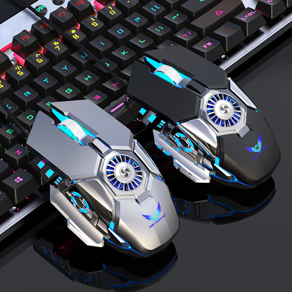 Programmerbar RGB Gaming Mus med Køleblæser, 6400 DPI 4-Justerbar Kablet Optisk Letvægts Gaming Mus med 7 Knapper RGB