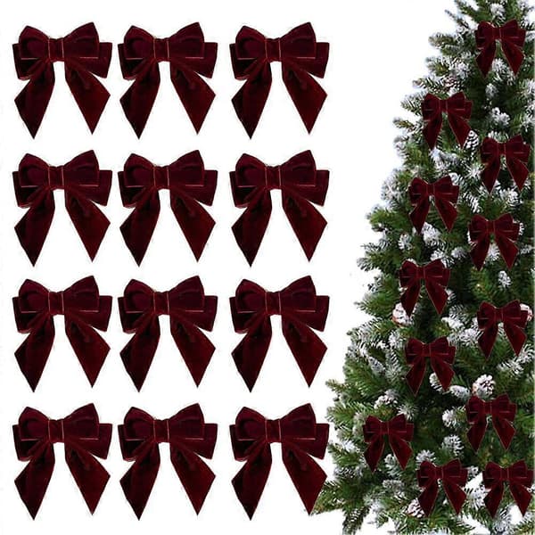 High-Quality 12 Pcs Velvet Bows for Christmas Tree, Red Bows Christmas Decorations