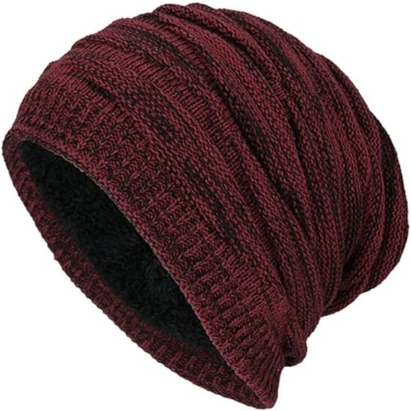 Vintermössa Män Varm Stickad Lång Slouch Cap Thermal med Mjuk (Vinröd)