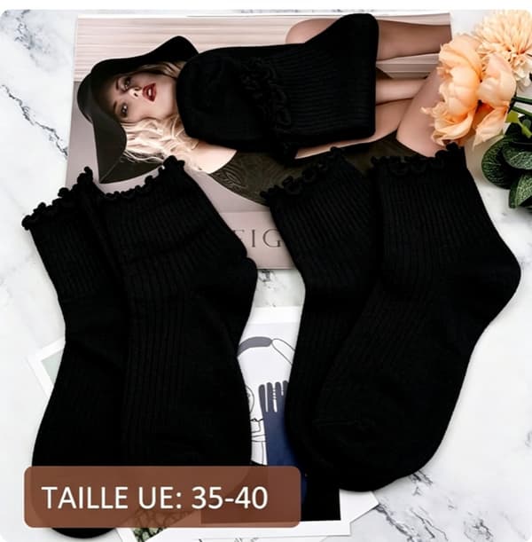 Strikket damesok 6 par med flæse almindelig bomuldsblonde, lang sort