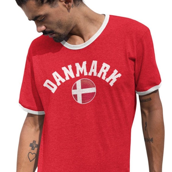 Rød tipped T-skjorte med Danmark supportertrykk ringer-trøye XL xl