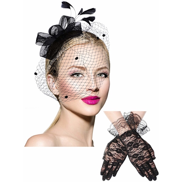 Hårbøyle med sløyfe, fascinatorhatt, fjær, slør, netting og korte blonder