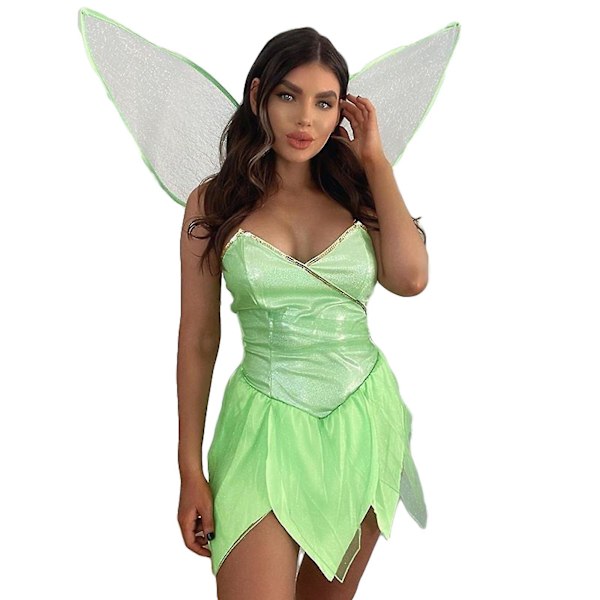 Kvinnors älva Tinker Bell kostymklänning grön alv cosplayklänning med gröna vingar Green L