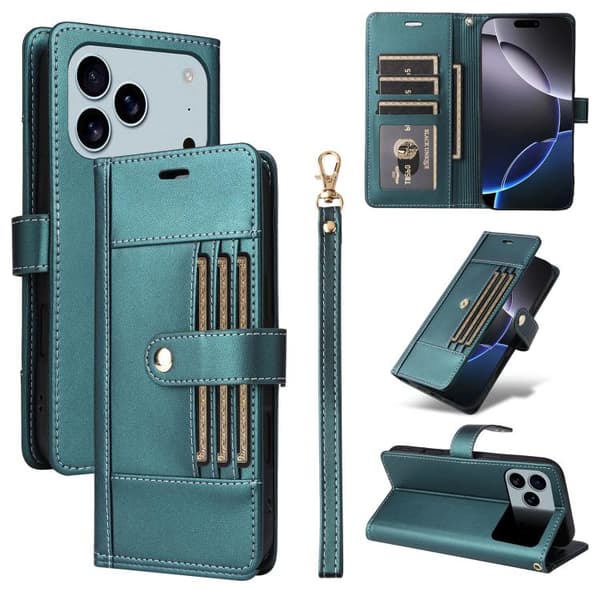 iPhone 17 Pro Max Leather Case with Six Card Slots and Strap Grön