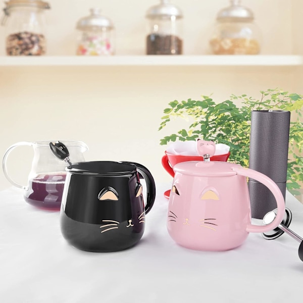 Keramisk kaffekrus til hjemmet med rustfri stål ske - Katte mønster