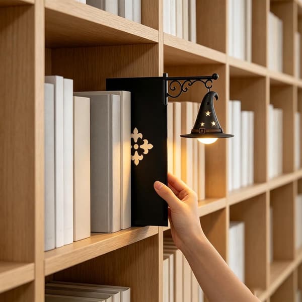 Bogstøtte i metal med lampe, bibliotekslantern mini boghyldelys, varm LED natlampe heksehat design