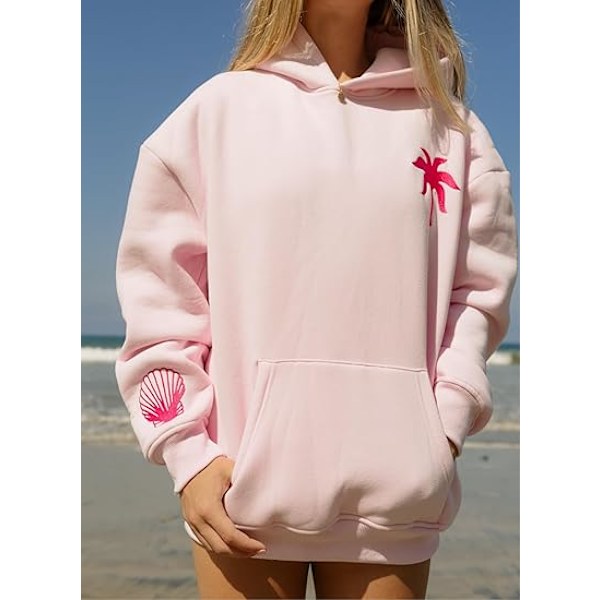 Palm Puff Oversized Hættetrøjer til Kvinder, Teenagepiger Preppy Sweatshirt Langærmet Y2K Grafisk T-shirt med Lommer Pink Pink S