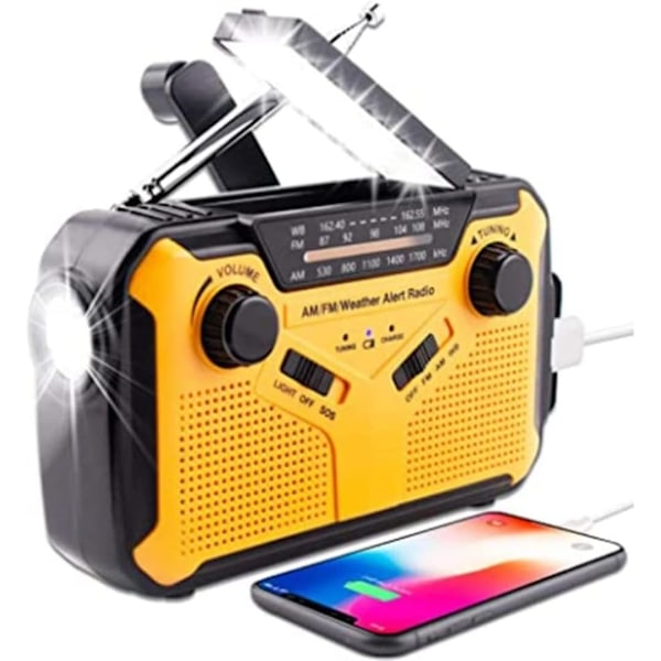 Nødradio med solcellepanel, 2500mAh Håndsveiv Bærbar Solcelle Værradio