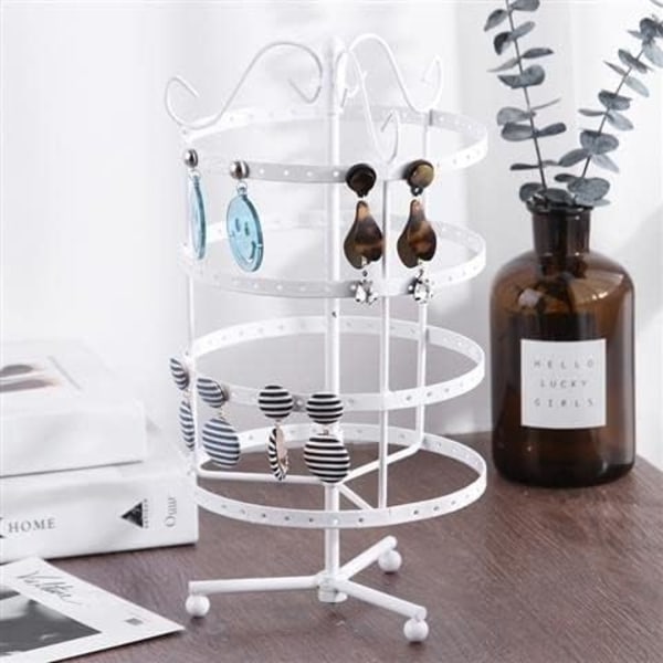 Smykkeholder, 360 grader roterende øreøringsholder arrangør smykke stativ, 4 nivåer 144 hull øreørings displaystativ for salg, metall smykke display, hvit