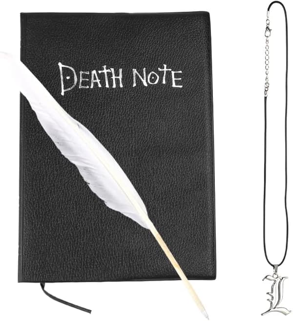 Death Note notesbog, anime-tema Death Note, inkluderer en halskæde og en fjerpen.