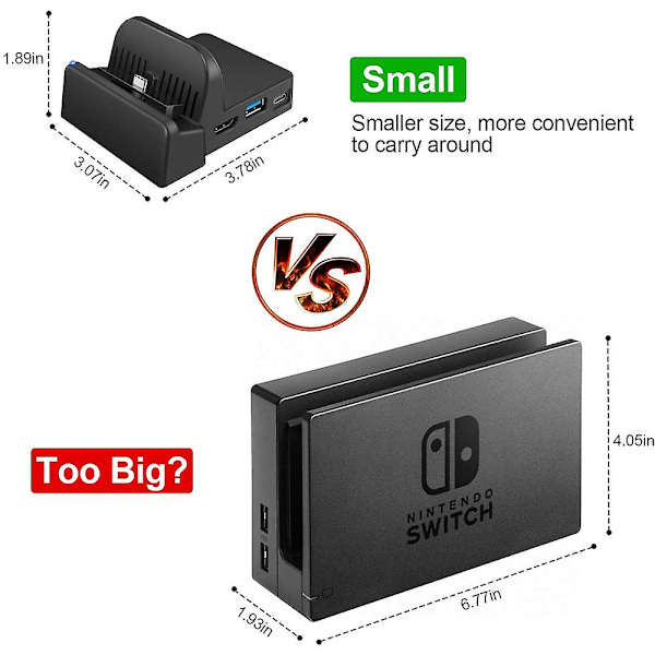 Nintendo Switch Dock, Bærbar Nintendo Switch TV-dockningsstation, Erstatning for Officiel Nintendo Switch Dock