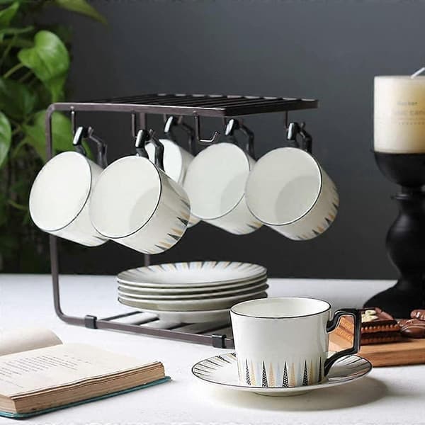 1 Piece Coffee Cup Holder 6 Hooks Metal Cup Rack Tea Cup Holder for 6 Cup Saucer Spoon Sets