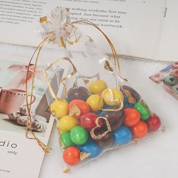 105 st Organzapåsar, 10 x 15 cm Vita Hjärtmönster Organzapresentpåsar med Dragsko, Smyckespåsar Lavendelpåsar Godispåsar Bröllopspresenter