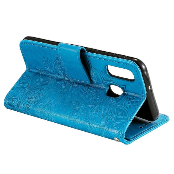 Embossed Mandala Flower Stand Wallet Leather Case for Samsung Galaxy A40 Blue