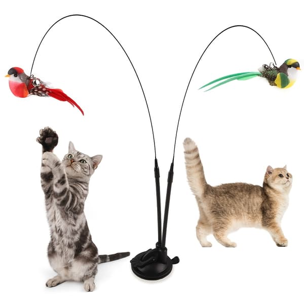 Interactive Cat Wand Toy with Long Double Rod & Powerful Suction Cup - Hands-Free Cat Toy with Artificial Feather Attachment (Red/Green (BR)