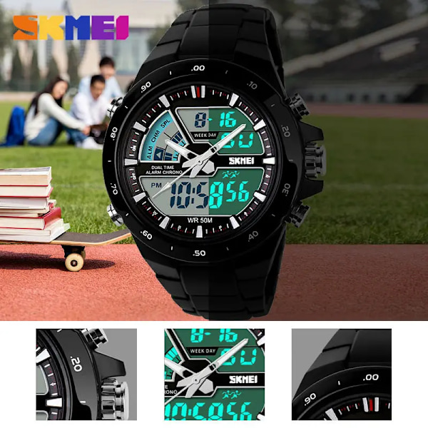 SKMEI Klokker Herr Mode Casual Analog Digital Armbåndsur Alarm 30M Vanntett Mann Militær Chrono Kalender Relogio Masculin Black with box
