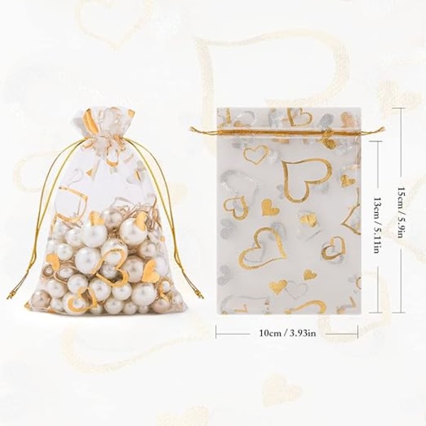 105 st Organzapåsar, 10 x 15 cm Vita Hjärtmönster Organzapresentpåsar med Dragsko, Smyckespåsar Lavendelpåsar Godispåsar Bröllopspresenter