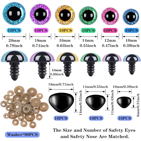 180 stk 10-20 mm store sikkerhetsøyne og sikkerhetsneser for heklete dyr Kromatiske plastknapper for sy med skive