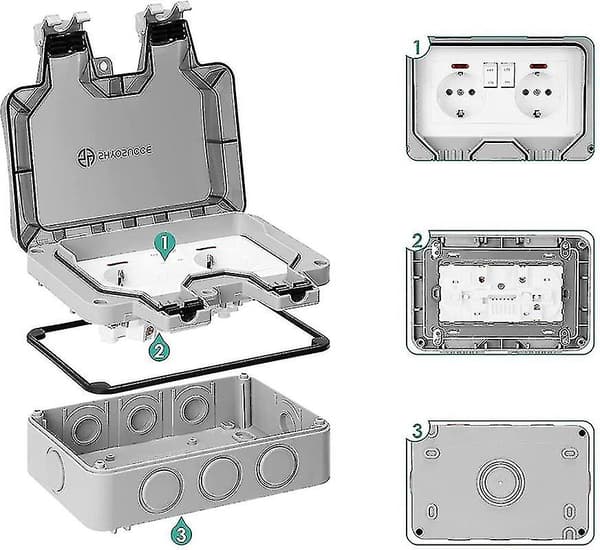 IP66 Waterproof Outdoor Socket Double Power Outlet and Protective Box Garden Wall Power Rail, Dust and Windproof Socket with Switch, Indikat-FS-