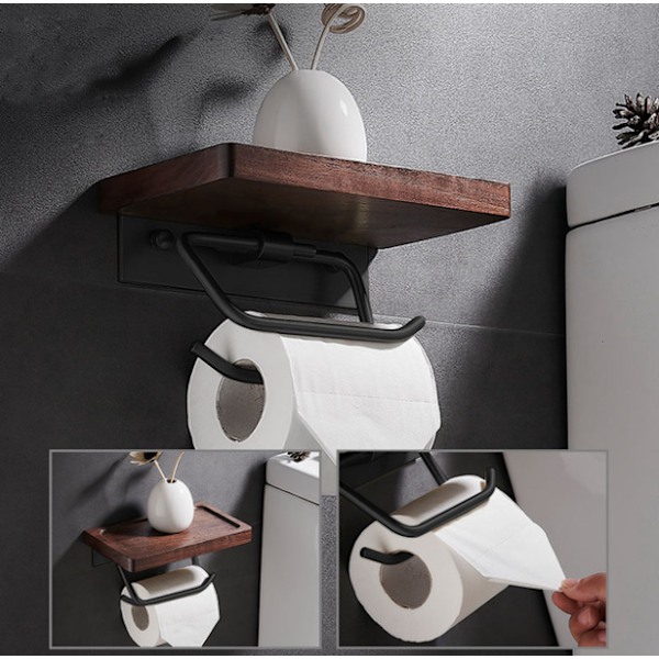 Stansfri toiletpapirholder Lys Luksus Toilet Massivt træ Vægmonteret håndklædeholder (20 cm lang ikke-porøs sort papirhåndklædeholder)-XF10-