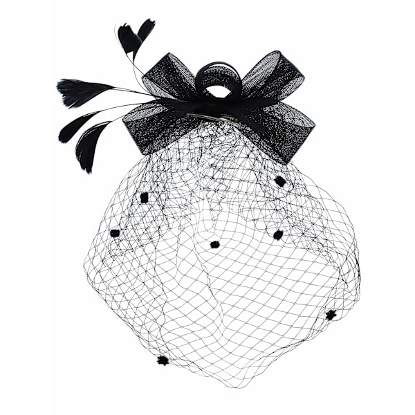 Hårbøyle med sløyfe, fascinatorhatt, fjær, slør, netting og korte blonder