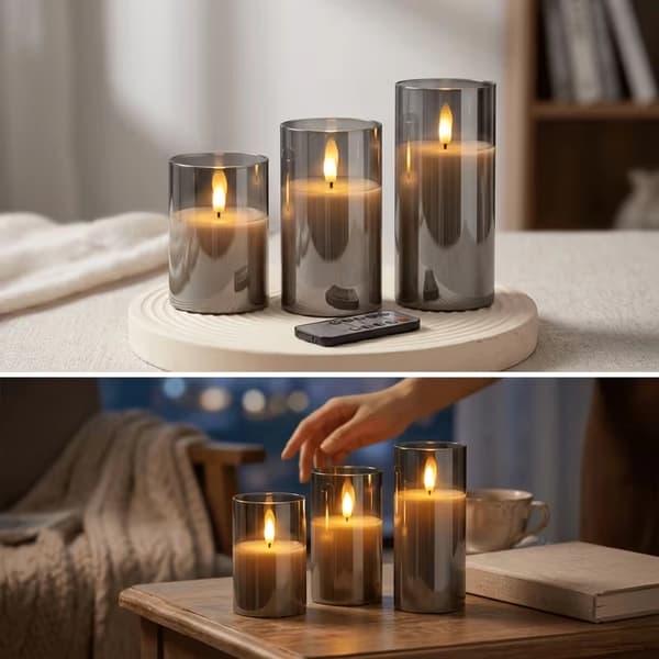 3D Flameless LED-søylelyssett med 3 stk. med fjernkontrolltimer, hvit ekte voks, batteridrevet Remote White