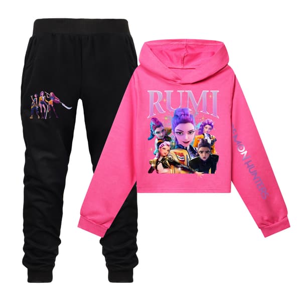 Kpop Demon Hunter Crop Top & Shorts Sæt til piger - Rosarødt Sæt Rosarød X Sæt Rosarød X