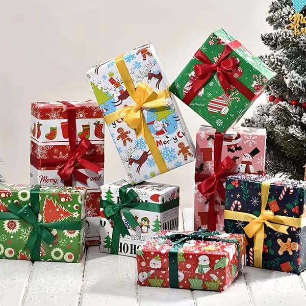 Julklappspapper Set med Jultomte-, Julgrans- och Renmönster för Julklappar Mixed