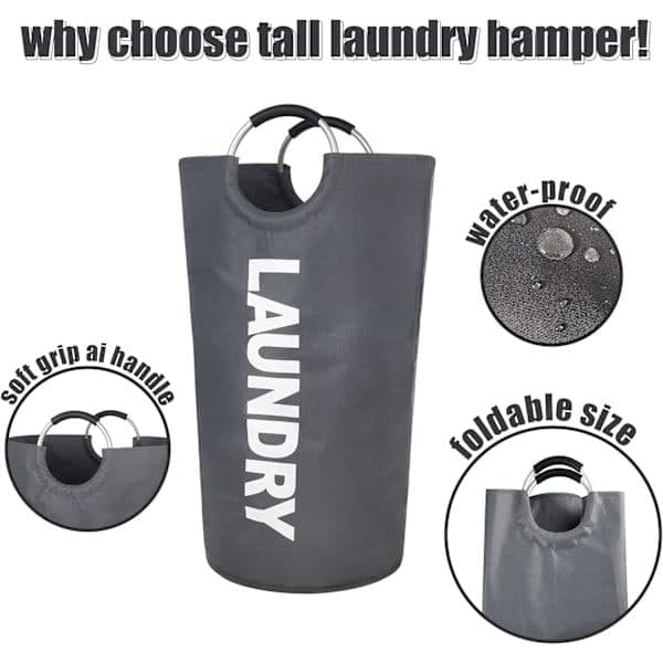 Laundry basket with padded handles, waterproof foldable laundry hamper, laundry basket for bathroom, laundry room, dorm dark grey