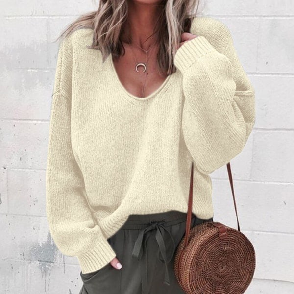 Ensfargede strikkegensere for kvinner Casual Løs V-hals genser Beige XXL