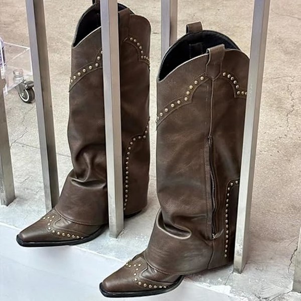 【Tricor butik】 Bruna spetsiga tåblock med klack, dubbade västerländska cowboystövlar i brons för kvinnor bronze 39