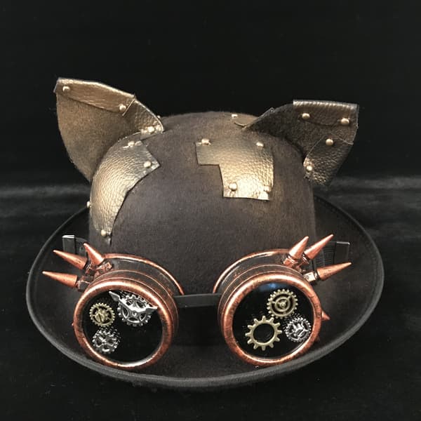 Steampunk flosshatt med avtakbare briller og katteører, polyester, unisex kostymetilbehør Black