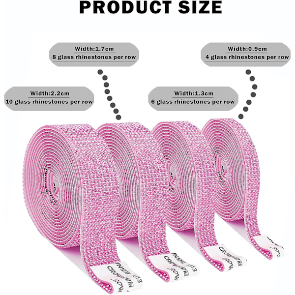 Pink4 Selvklæbende Rhinestone Bånd Krystal Dekoration Sticker Selvklæbende Krystal Rhinestone Diamant Bånd (4 Rækker + 6 Rækker + 8 Rækker + 10 Rækker)